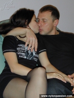 Pantyhosed teen brunette gives blowjob and gets fucked