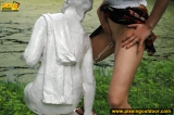 Teen pissing outdoor on a statue