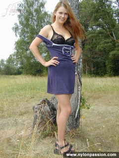 Pantyhosed teen girl undressing in the forest - N