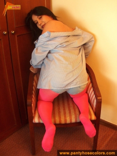 Magenta pantyhose on teen brunette - N