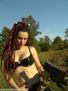Brunette slut playing with ax while nude - N