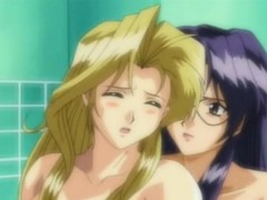 Lesbian anime coeds group sex in the bathroom