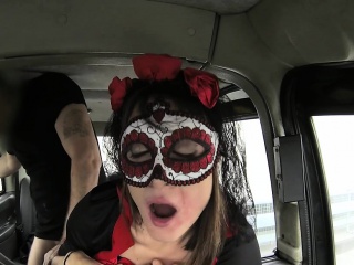 Costumed babe doing anal in taxi