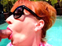 Red XXX masturbating and sucking cock while in the pool