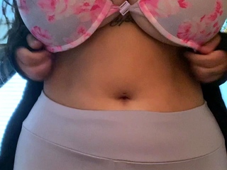 Busty curly brunette with big boobs fucks on couch